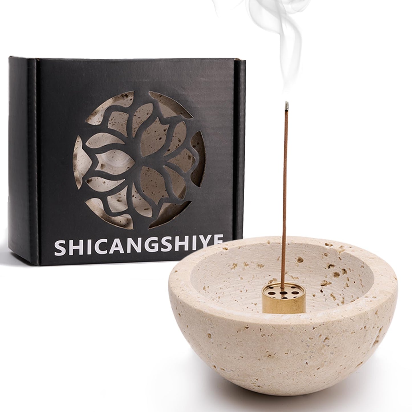Handmade Travertine Stone Incense Resin Burner Holder – Natural Stone Incense Burner with Brass Insert for Home Decor & Relaxation