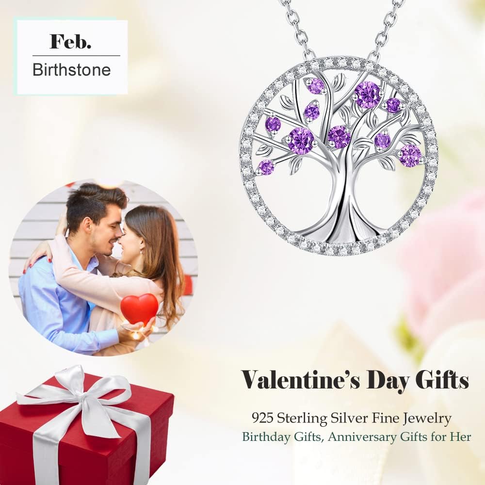 Tree of Life Necklace Birthday Gifts for Wife Mom January February Birthstones Necklace Garnet Amethyst and More Stones Jewelry 925 Sterling Silver