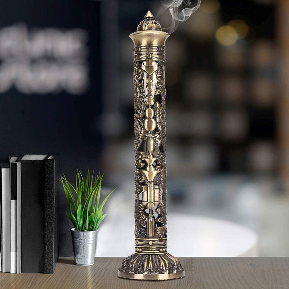 Vertical Incense Burner, Retro Incense Tower Holder Brass Stick Incense Holder Incense Burner with Dragon Phoenix Pattern for Home Office Yoga Meditation, 8.5x7cm/3.3x2.8in