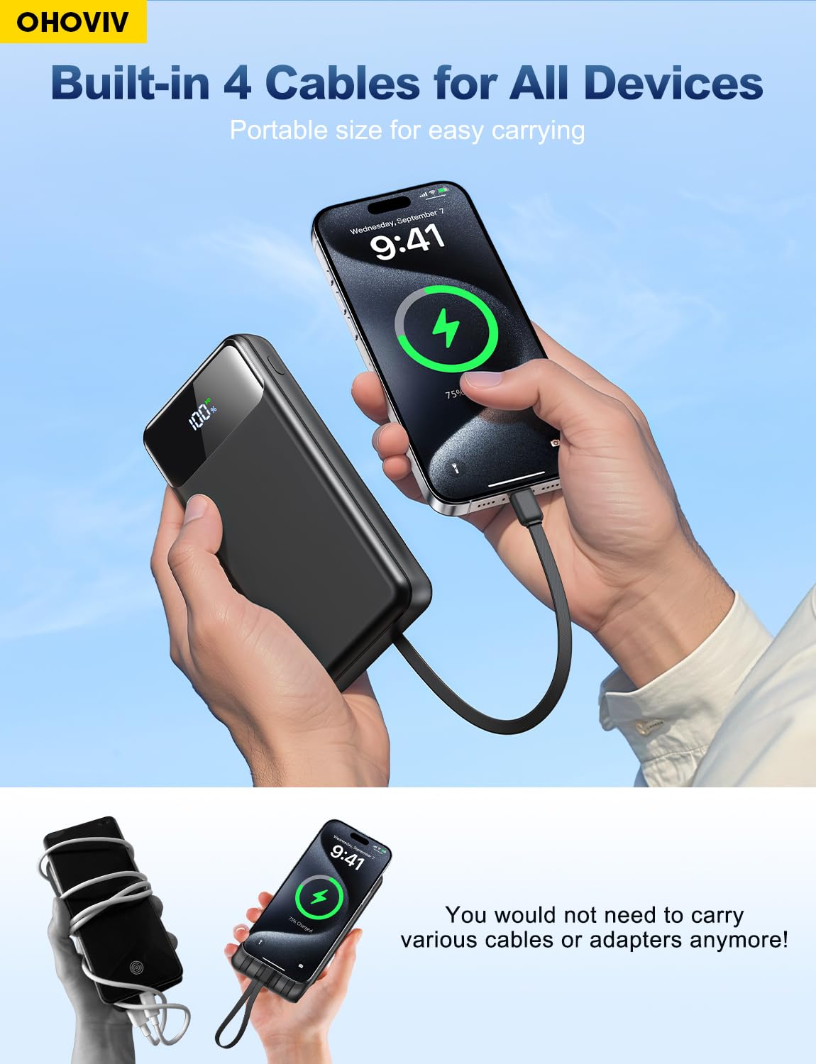 Portable Charger Power Bank 50000mAh Battery Pack, 22.5W Fast Charging PowerBank with Built in Cables,Travel Essential USB-C Portable Phone Charger for iPhone Samsung Pixel Android iPad-Blue