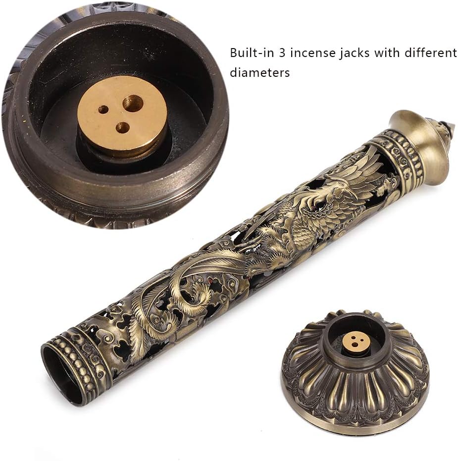 Vertical Incense Burner, Retro Incense Tower Holder Brass Stick Incense Holder Incense Burner with Dragon Phoenix Pattern for Home Office Yoga Meditation, 8.5x7cm/3.3x2.8in