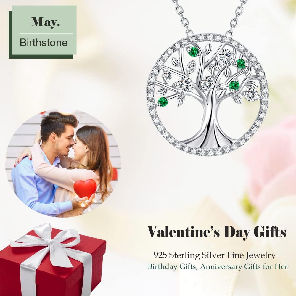 Tree of Life Necklace Birthday Gifts for Wife Mom January February Birthstones Necklace Garnet Amethyst and More Stones Jewelry 925 Sterling Silver