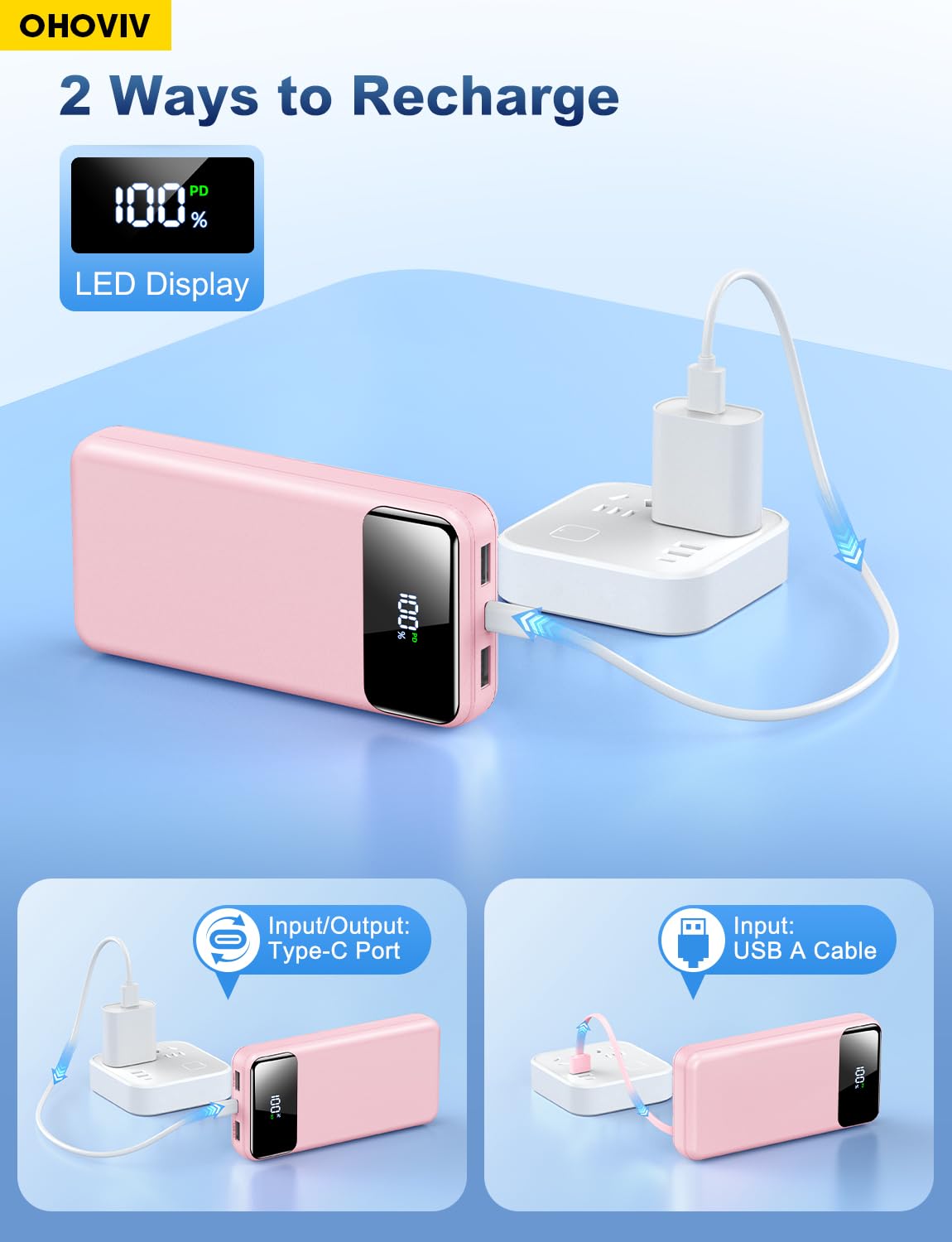 Portable Charger Power Bank 50000mAh Battery Pack, 22.5W Fast Charging PowerBank with Built in Cables,Travel Essential USB-C Portable Phone Charger for iPhone Samsung Pixel Android iPad-Blue