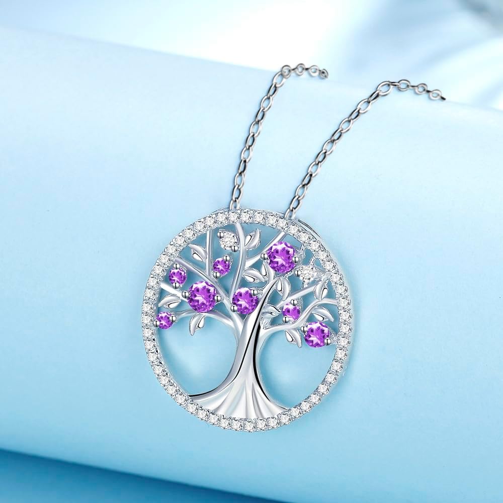 Tree of Life Necklace Birthday Gifts for Wife Mom January February Birthstones Necklace Garnet Amethyst and More Stones Jewelry 925 Sterling Silver