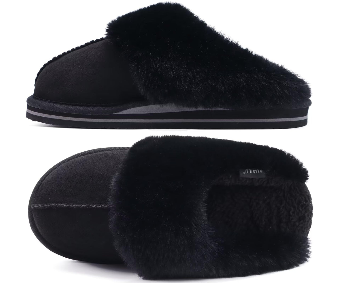 KuaiLu Womens Fluff Dual Memory Foam Slippers Ladies Cozy Arch Support Warm Scuff Slippers Slip on Comfy Winter House Shoes with Non-Slip Indoor Outdoor Hard Sole