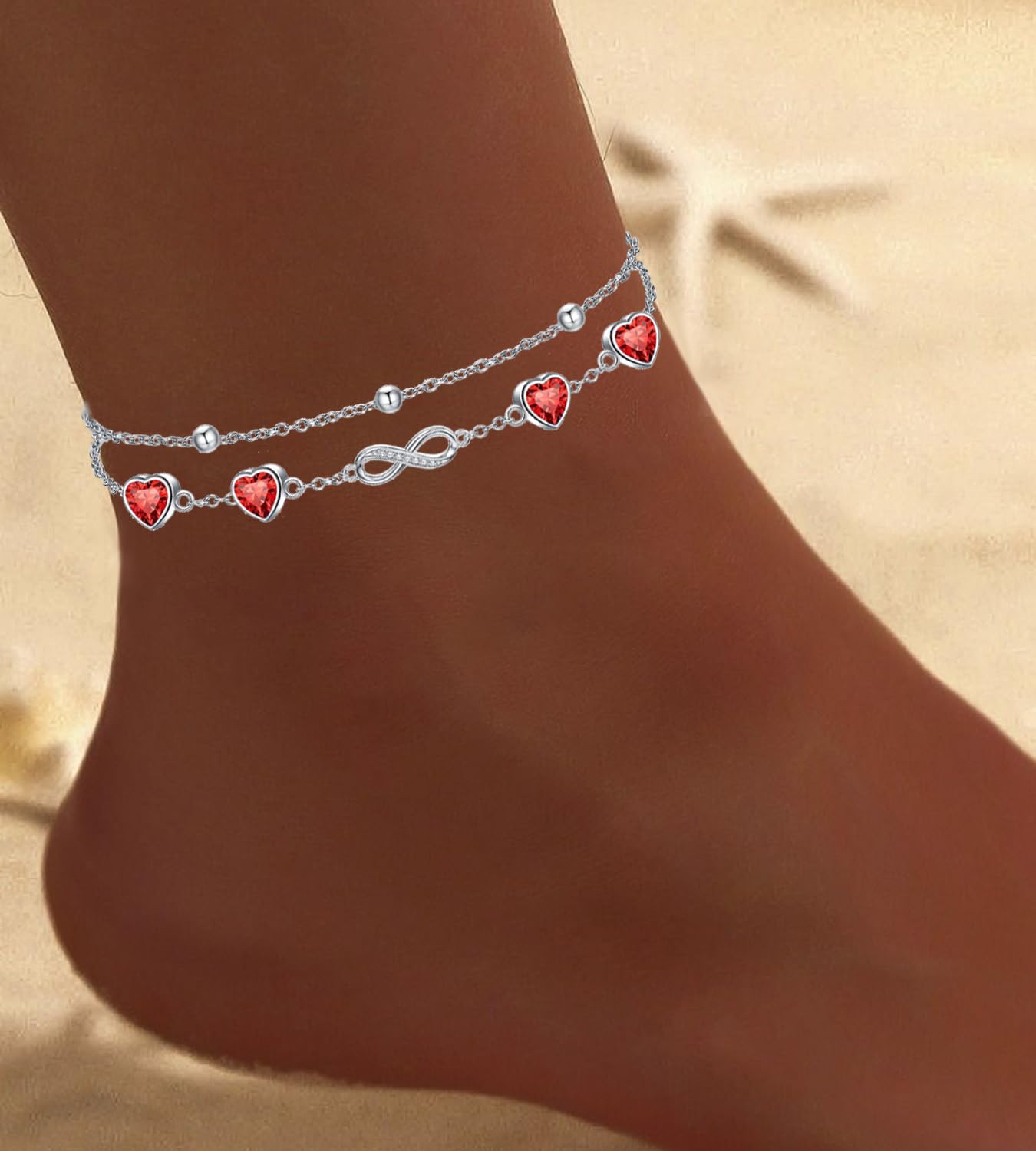 DAMOOR 925 Sterling Silver Infinity Heart Birthstone Anklet Bracelets for Women Layered Anklets Bracelets Birthday Jewelry for Her