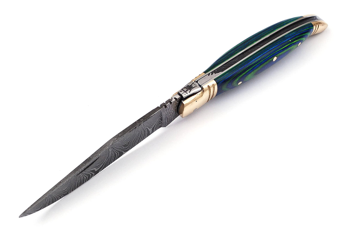Damascus steel folding knife with leather sheath, 8.5 inches long laguiole pocket knife with 4 inches long Damascus steel Blade, 4.5 inches Blue multi colored wood scale with Brass bolster and pommel,