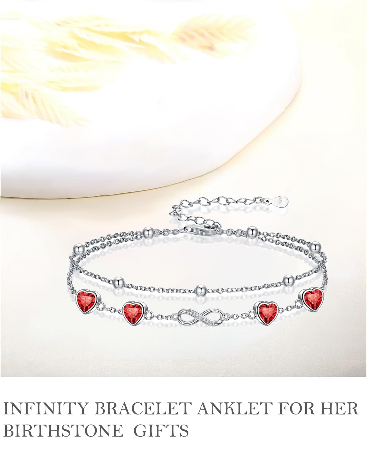 DAMOOR 925 Sterling Silver Infinity Heart Birthstone Anklet Bracelets for Women Layered Anklets Bracelets Birthday Jewelry for Her