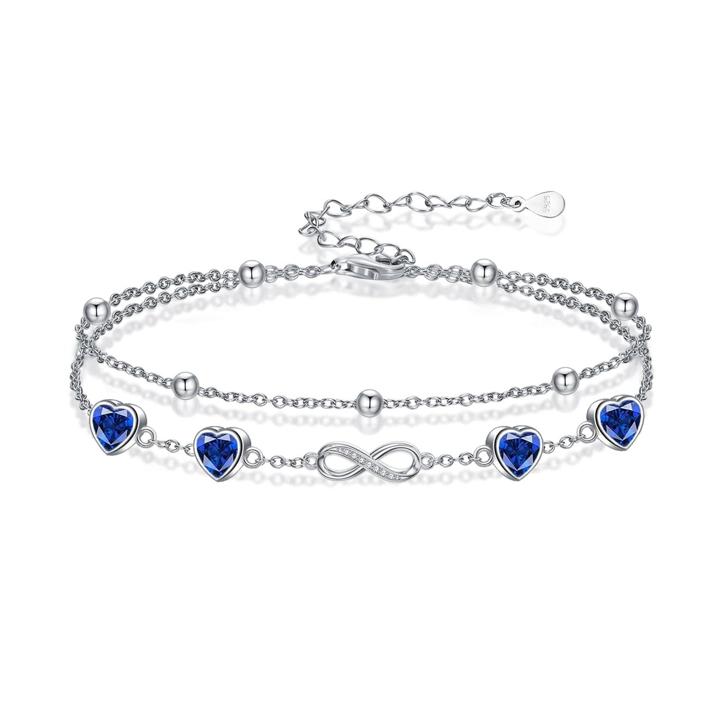 DAMOOR 925 Sterling Silver Infinity Heart Birthstone Anklet Bracelets for Women Layered Anklets Bracelets Birthday Jewelry for Her