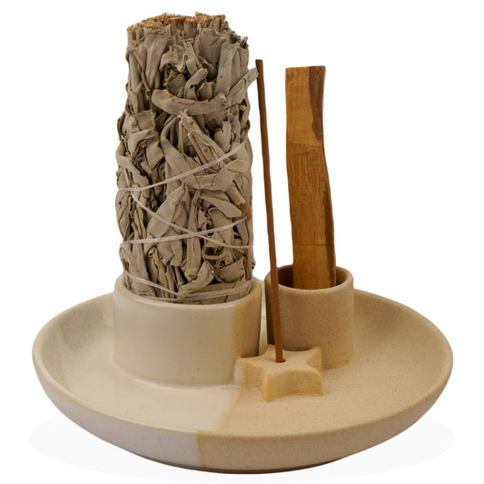 4 in 1 Incense Holder, Ceramic Incense Stick and Palo Santo Holder,Sage Holder for Burning- 5.5" Ceramic Ash Catcher Tray for Meditation and Yoga Room (White)