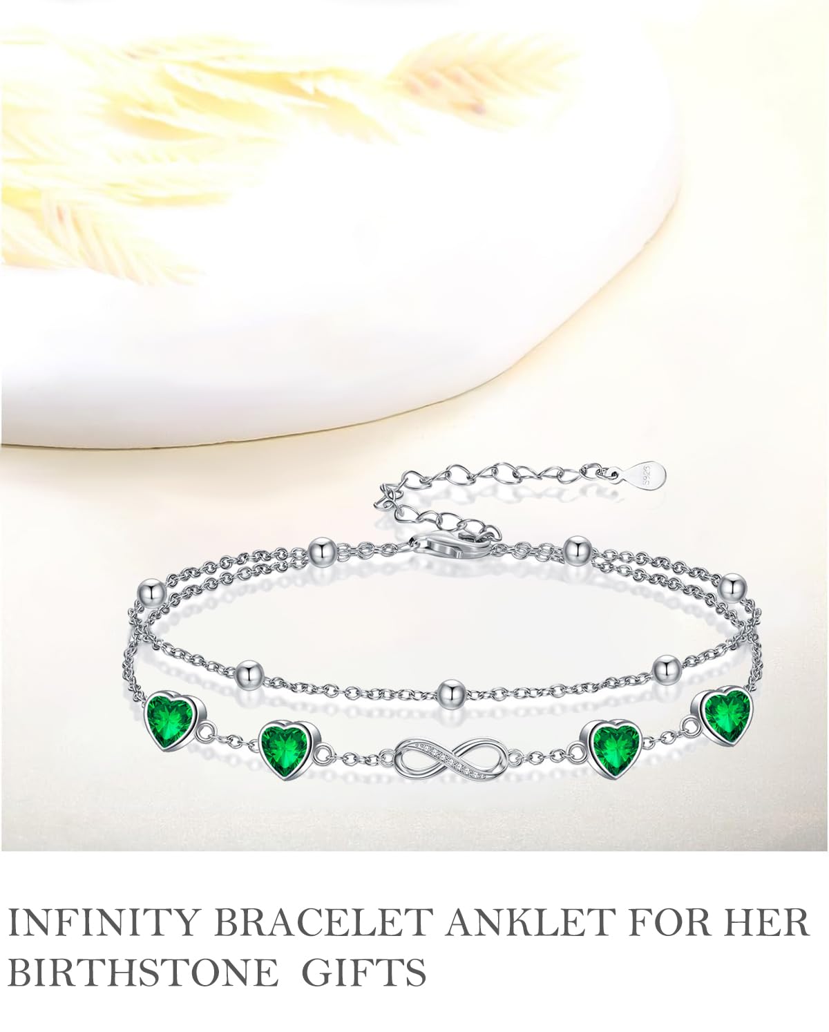 DAMOOR 925 Sterling Silver Infinity Heart Birthstone Anklet Bracelets for Women Layered Anklets Bracelets Birthday Jewelry for Her