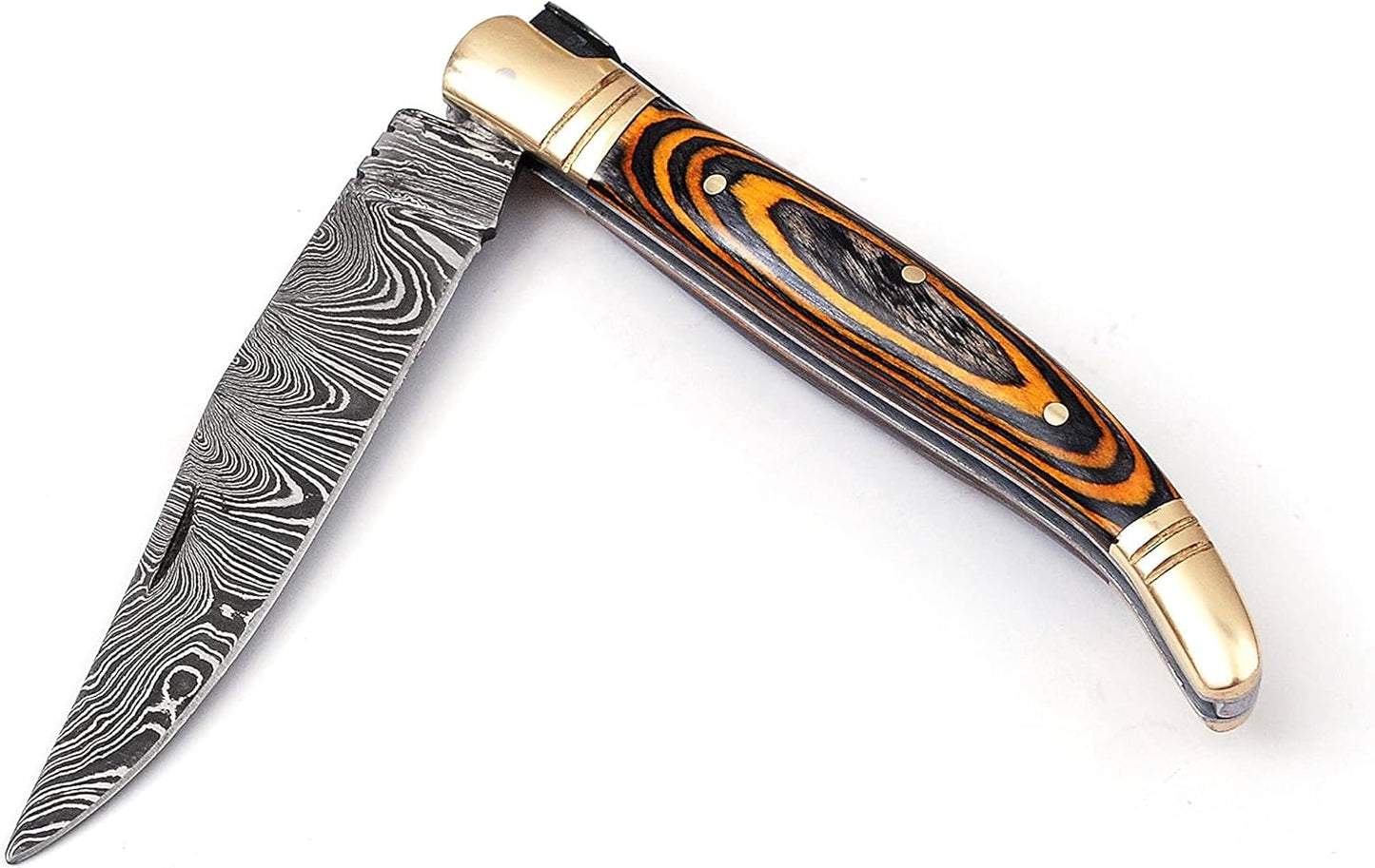 Damascus steel folding knife with leather sheath, 8.5 inches long laguiole pocket knife with 4 inches long Damascus steel Blade, 4.5 inches Blue multi colored wood scale with Brass bolster and pommel,