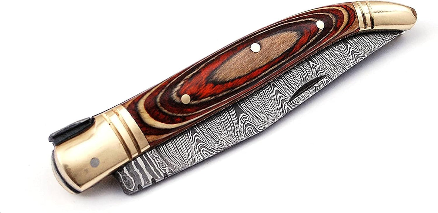 Damascus steel folding knife with leather sheath, 8.5 inches long laguiole pocket knife with 4 inches long Damascus steel Blade, 4.5 inches Blue multi colored wood scale with Brass bolster and pommel,
