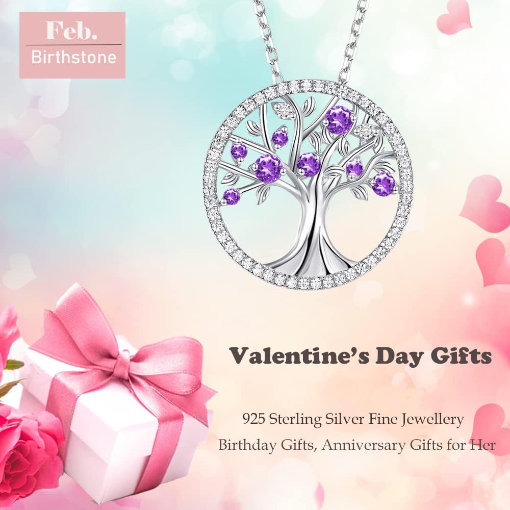 Tree of Life Necklace Birthday Gifts for Wife Mom January February Birthstones Necklace Garnet Amethyst and More Stones Jewelry 925 Sterling Silver