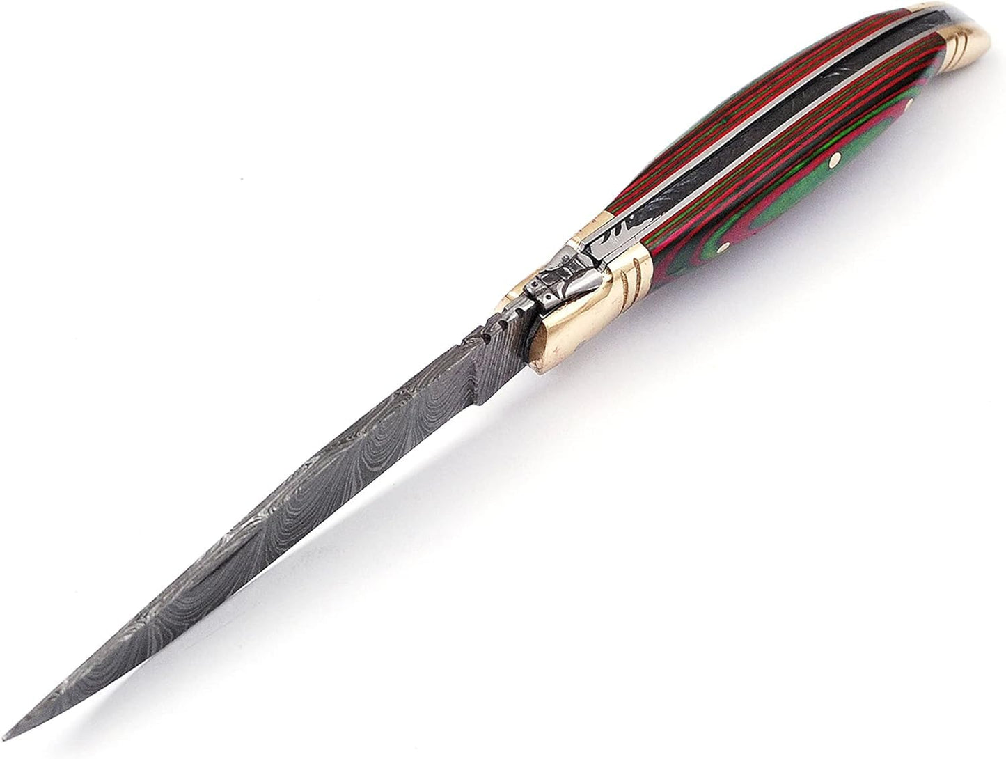 Damascus steel folding knife with leather sheath, 8.5 inches long laguiole pocket knife with 4 inches long Damascus steel Blade, 4.5 inches Blue multi colored wood scale with Brass bolster and pommel,