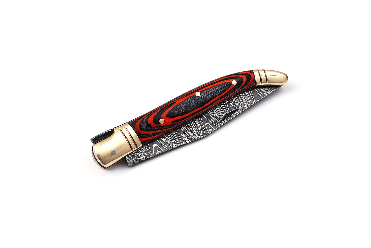 Damascus steel folding knife with leather sheath, 8.5 inches long laguiole pocket knife with 4 inches long Damascus steel Blade, 4.5 inches Blue multi colored wood scale with Brass bolster and pommel,