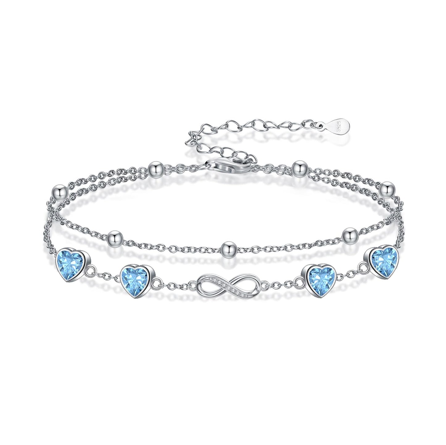 DAMOOR 925 Sterling Silver Infinity Heart Birthstone Anklet Bracelets for Women Layered Anklets Bracelets Birthday Jewelry for Her