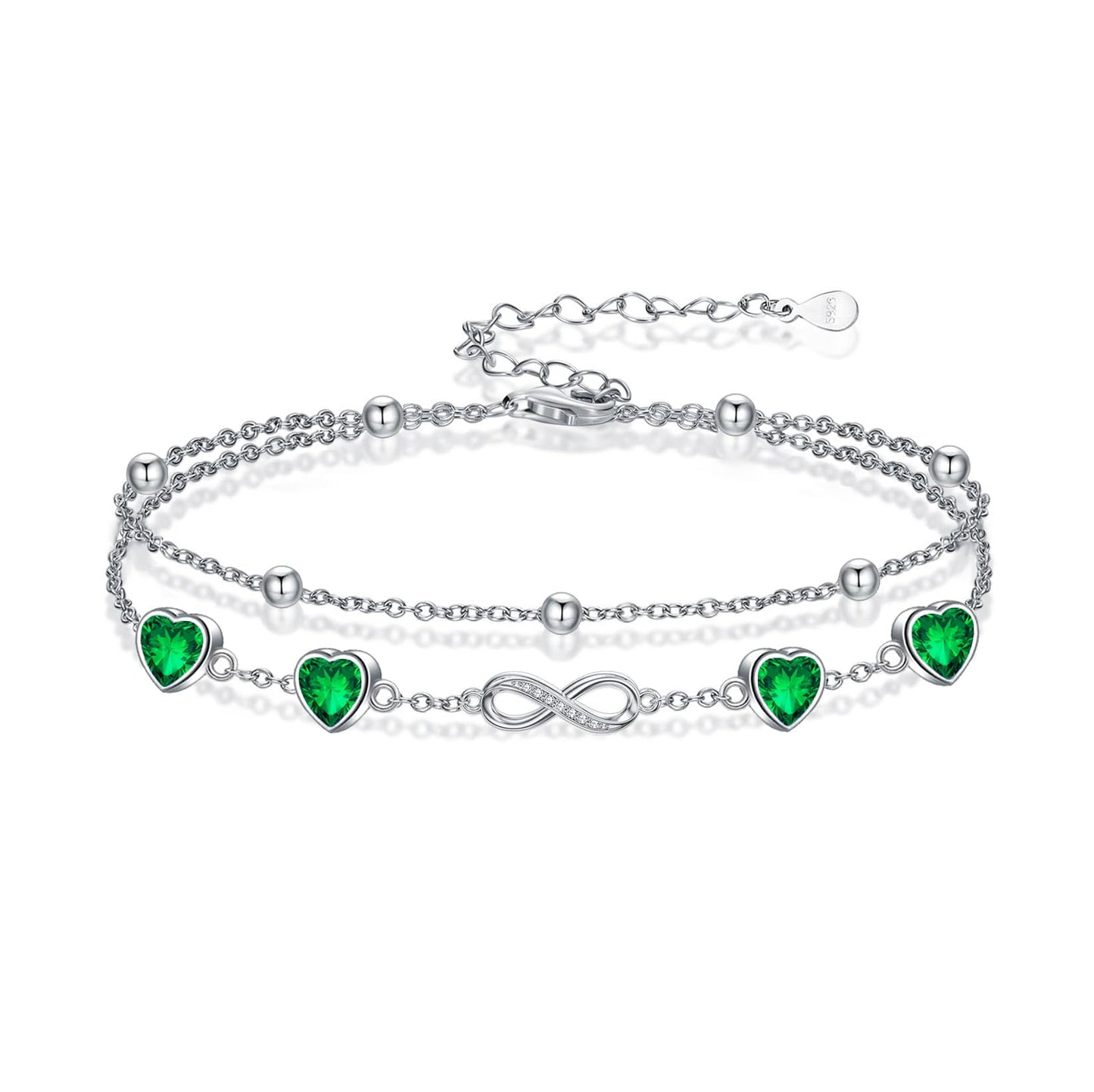DAMOOR 925 Sterling Silver Infinity Heart Birthstone Anklet Bracelets for Women Layered Anklets Bracelets Birthday Jewelry for Her
