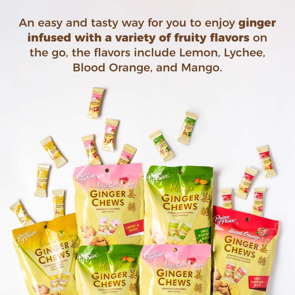 Prince of Peace Ginger Chews Assorted Flavors, 2.2 lb. (Mango, Blood Orange, Pineapple Coconut, Lychee) Candied Ginger – Candy Pack – Ginger Chews Candy - Gluten Free