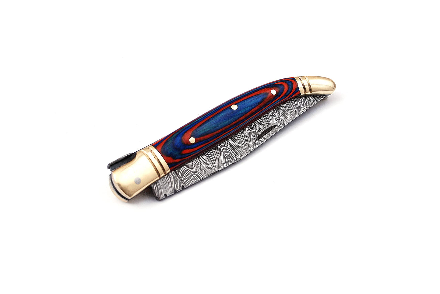 Damascus steel folding knife with leather sheath, 8.5 inches long laguiole pocket knife with 4 inches long Damascus steel Blade, 4.5 inches Blue multi colored wood scale with Brass bolster and pommel,