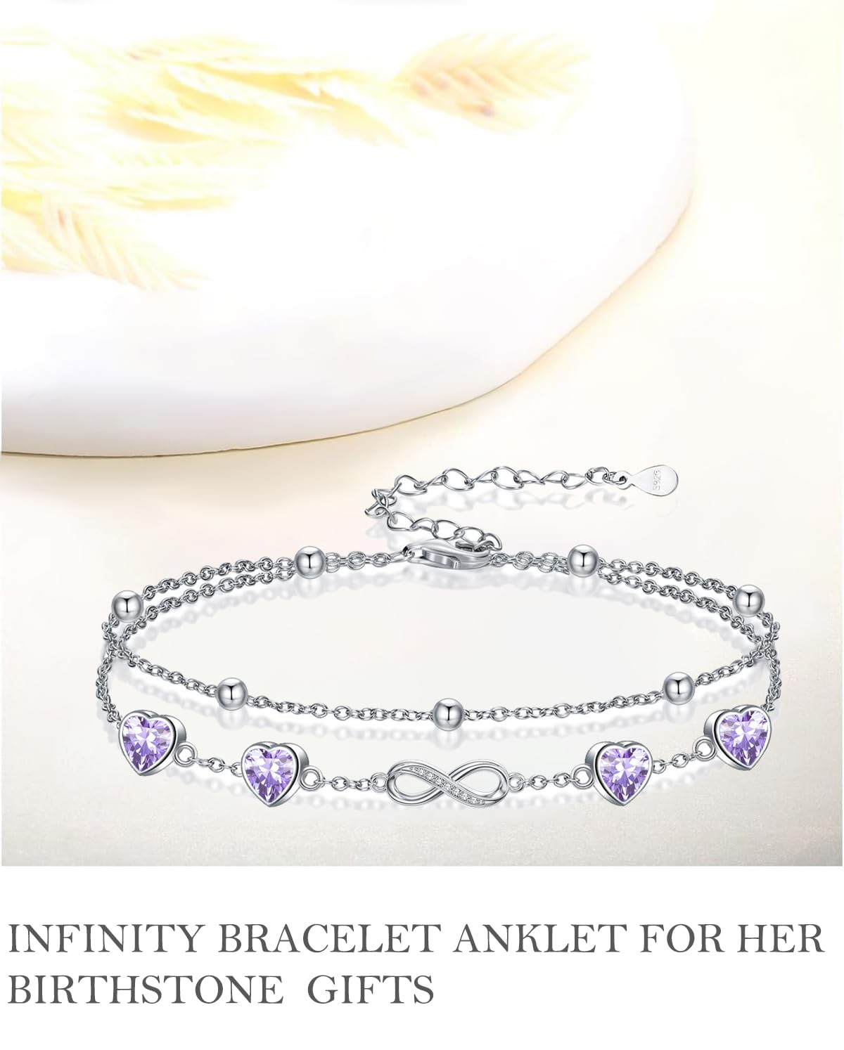 DAMOOR 925 Sterling Silver Infinity Heart Birthstone Anklet Bracelets for Women Layered Anklets Bracelets Birthday Jewelry for Her