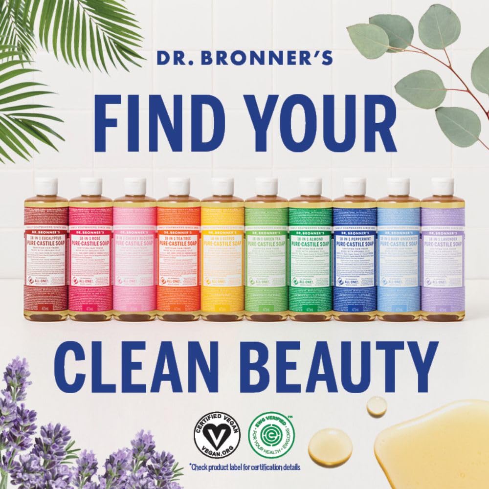 Dr. Bronner's Pure-Castile Magic Liquid Soap - Made with Regenerative Organic Certified Oils - 18-in-1 Uses for Face, Body, Hand Gentle on Baby & Sensitive Skin Body Wash Unscented,32oz