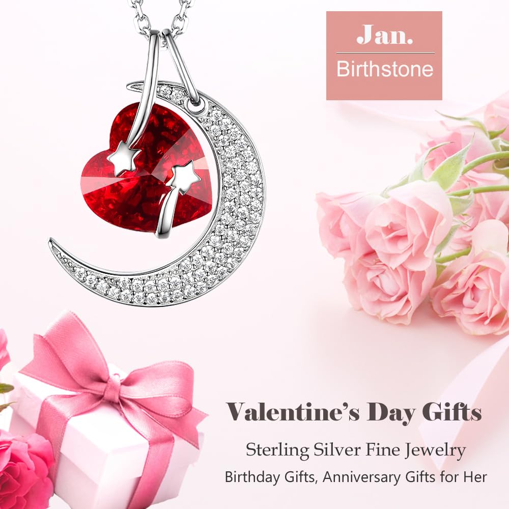 I Love You to the Moon and Back Half Moon Necklace Jewelry Birthday Gifts Mom Wife January February Birthstones Garnet Amethyst and More Stones 925 Sterling Silver