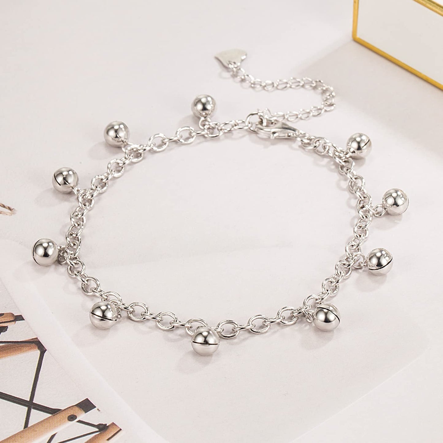 Delicate Women 925 Sterling Silver Ankle Bracelets Cute Bell Chain Beach Anklet Bracelet Boho Adjustable Size Anklet Jewelry Gift for her