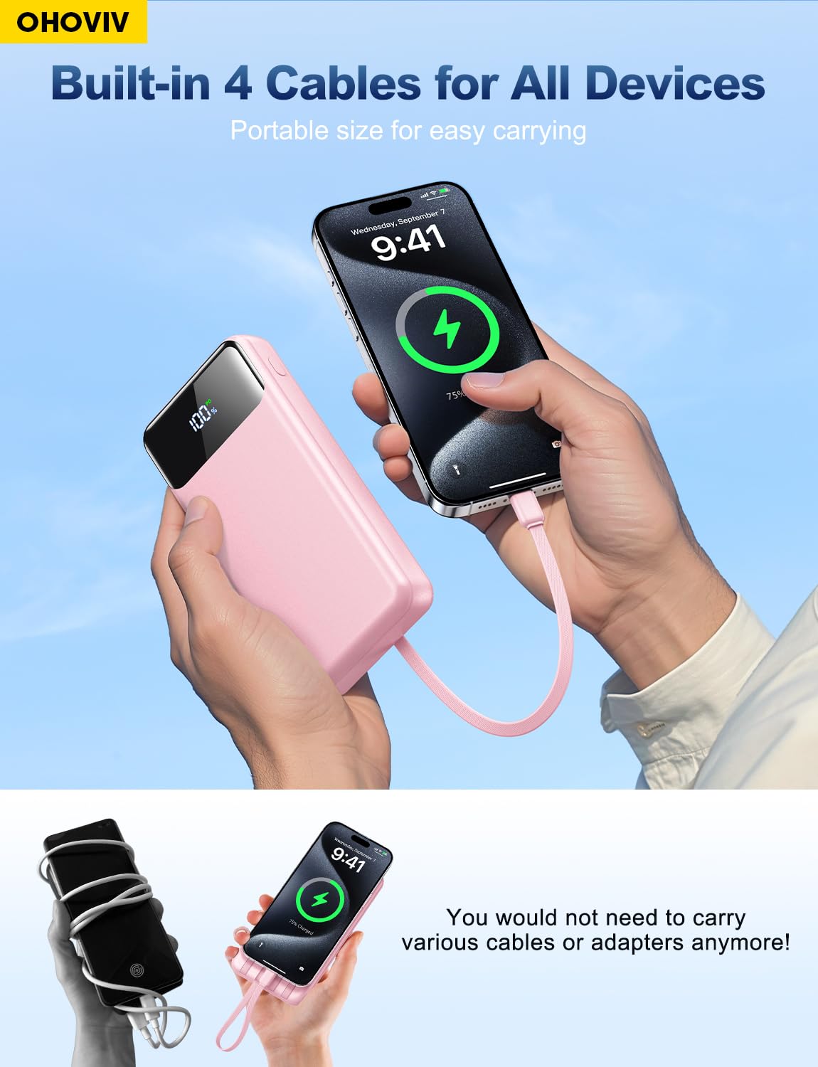 Portable Charger Power Bank 50000mAh Battery Pack, 22.5W Fast Charging PowerBank with Built in Cables,Travel Essential USB-C Portable Phone Charger for iPhone Samsung Pixel Android iPad-Blue