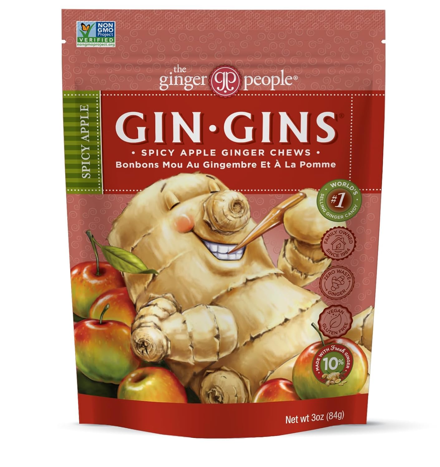 GIN GINS Ginger Chews – Natural Fresh Ginger Candy by The Ginger People – Individually Wrapped Healthy Candy – Original, Apple, Peanut and Turmeric Flavors – Variety Pack – 4 x 3oz bag each flavor (Pack of 4 bags)