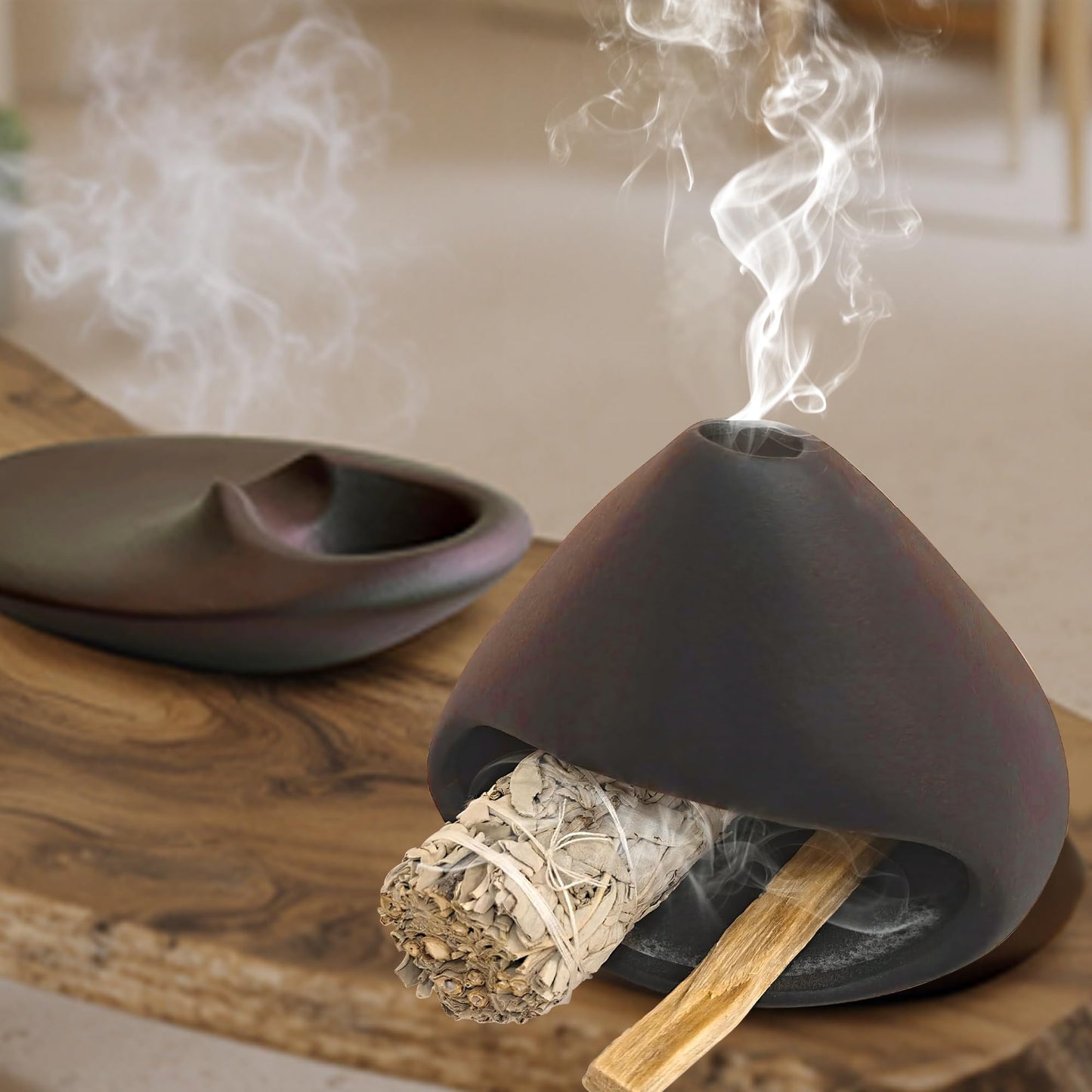 Set of 2 Ceramic Incense Burner Palo Santo Holder for Burning Sage Sticks Burning Bowl for Women Meditation Spiritual Decor(Brownness)