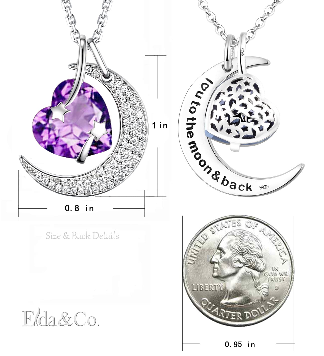 I Love You to the Moon and Back Half Moon Necklace Jewelry Birthday Gifts Mom Wife January February Birthstones Garnet Amethyst and More Stones 925 Sterling Silver