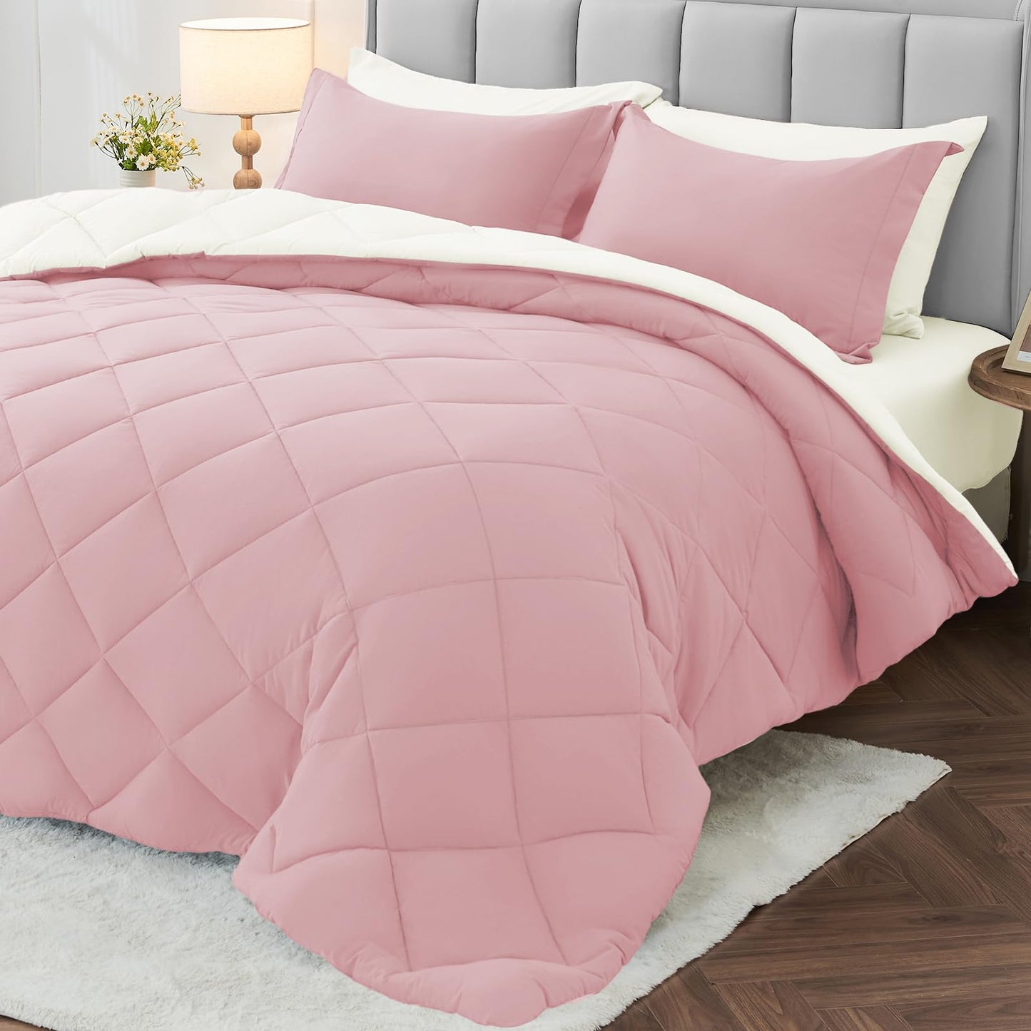 MUXHOMO 7 Pieces Queen Comforter Set, Reversible Bed in a Bag Queen Size, All Season Bedding Set with Comforter, Flat Sheet, Fitted Sheet, Pillowcases & Shams, Red & Black