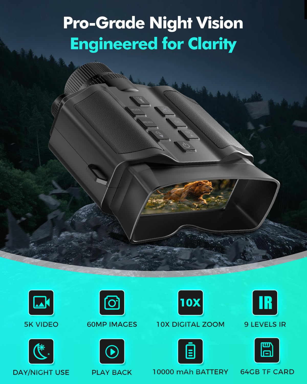 Night Vision Goggles for Adults, 3" HD Screen, 5000mAh Rechargeable Night Vision Binoculars with 32GB Card & 4K Video Recording for Wildlife, Hunting, Security