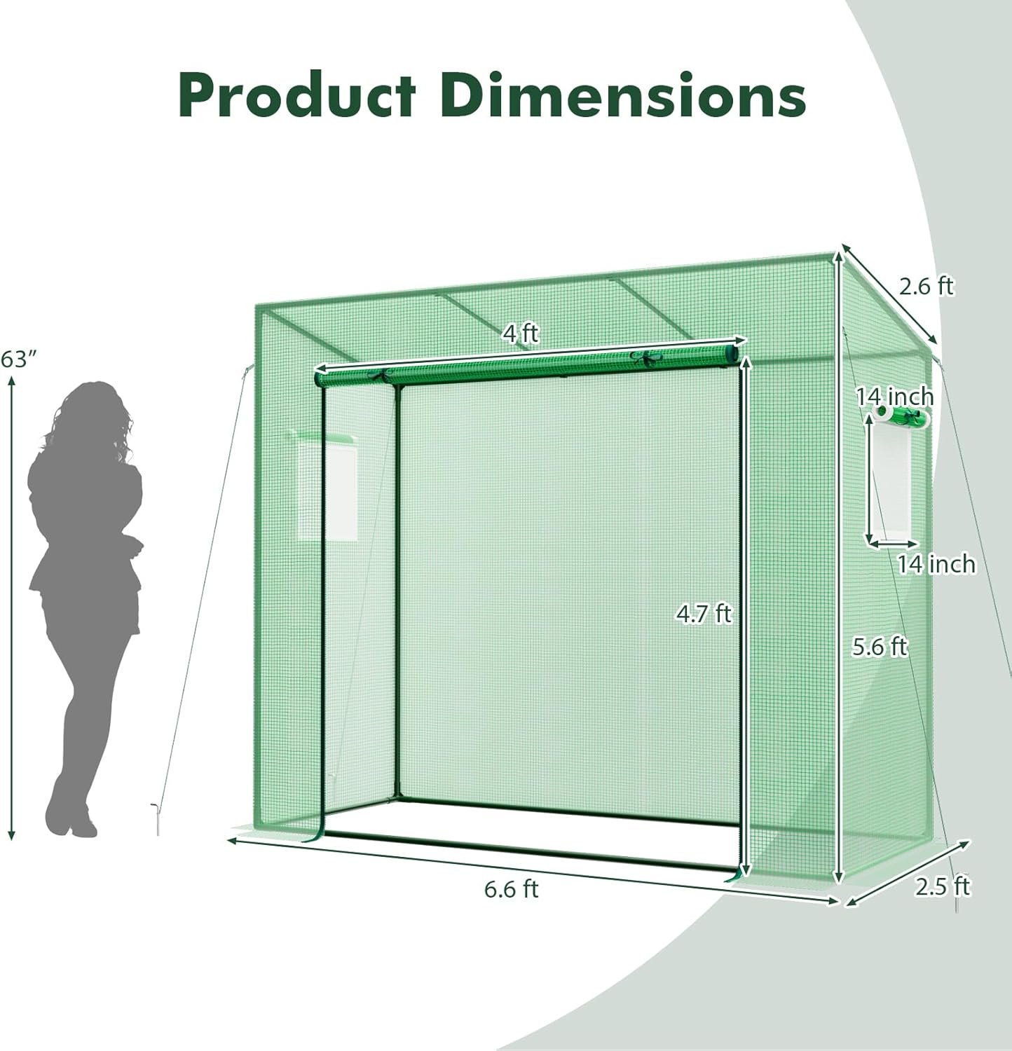 Happygrill Mini Greenhouse, Walk-in Greenhouse w/PE Cover, 4 Wind Ropes & Ground Stakes, Roll-up Zipper Door, Double-Layer Screen Windows, Portable Small Greenhouses for Outdoors, 6.6 x 2.5 x 5.6 FT