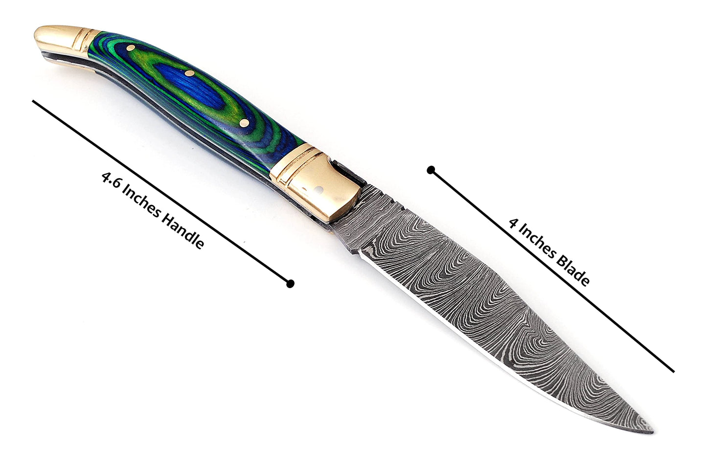 Damascus steel folding knife with leather sheath, 8.5 inches long laguiole pocket knife with 4 inches long Damascus steel Blade, 4.5 inches Blue multi colored wood scale with Brass bolster and pommel,