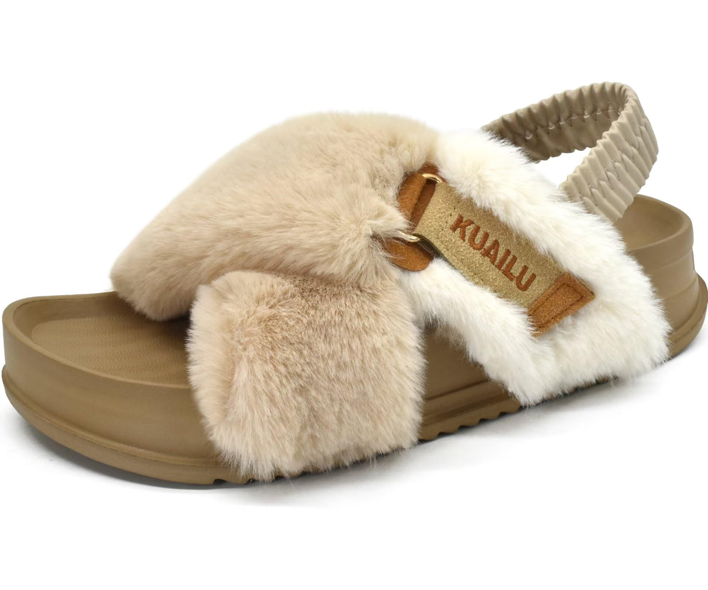 KuaiLu Womens Fuzzy Criss Cross Band Platform Slippers Arch Support Furry Faux Fur Ladies Open Toe Cozy Soft Plush Fleece Comfy House Shoes Sandals