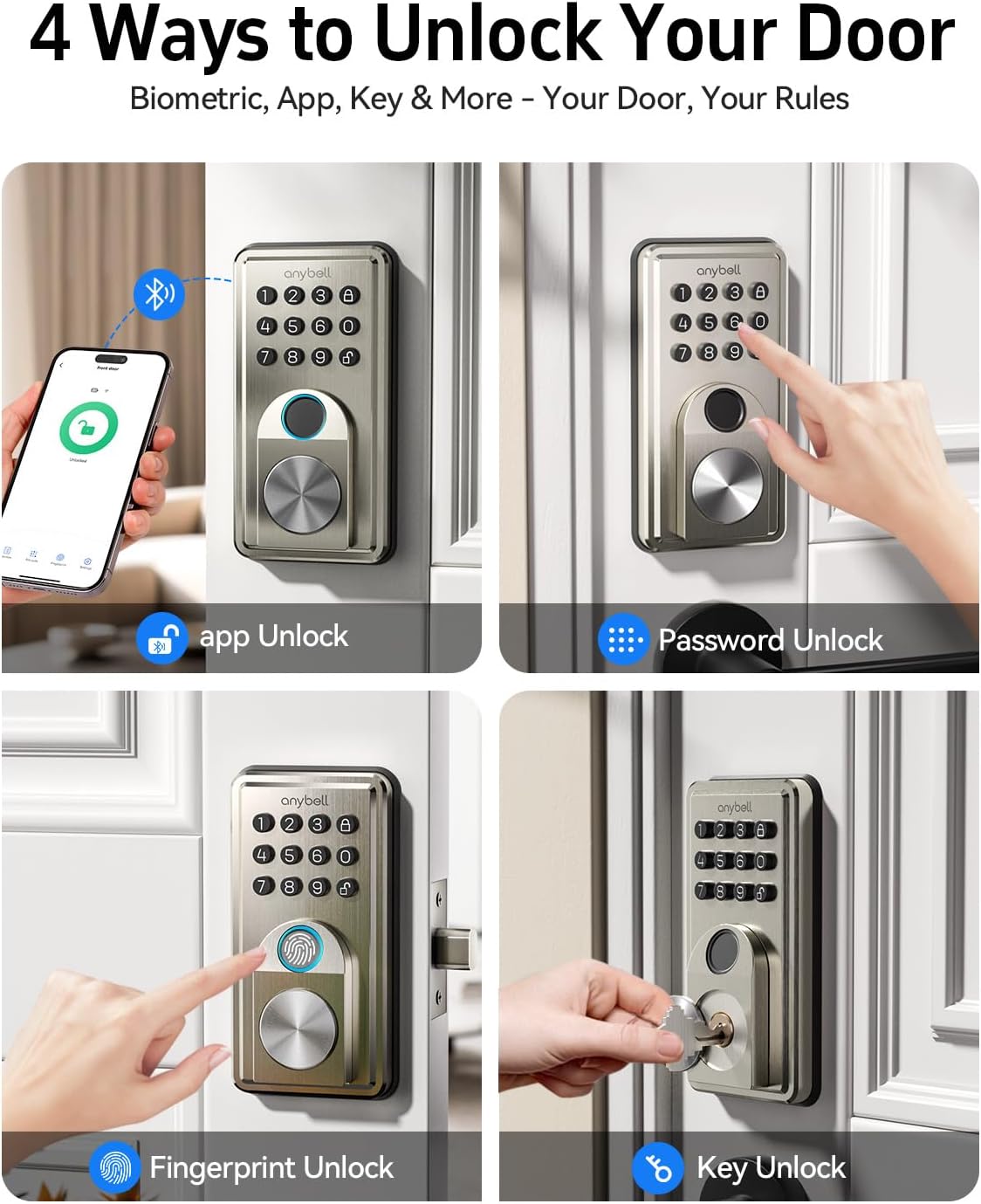 Smart Door Lock, Anybell Fingerprint Door Lock Keyless Entry with Electronic Keypad Deadbolt, App Control, Auto Lock, Biometric Lock for Front Door, Hotel & Office