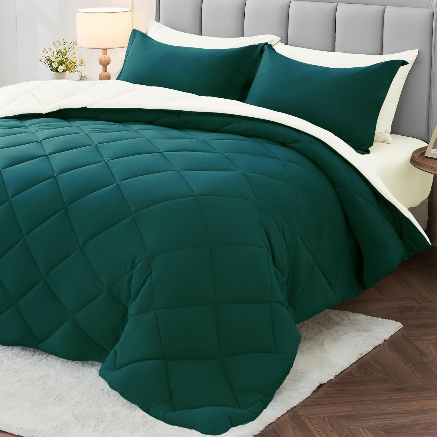 MUXHOMO 7 Pieces Queen Comforter Set, Reversible Bed in a Bag Queen Size, All Season Bedding Set with Comforter, Flat Sheet, Fitted Sheet, Pillowcases & Shams, Red & Black