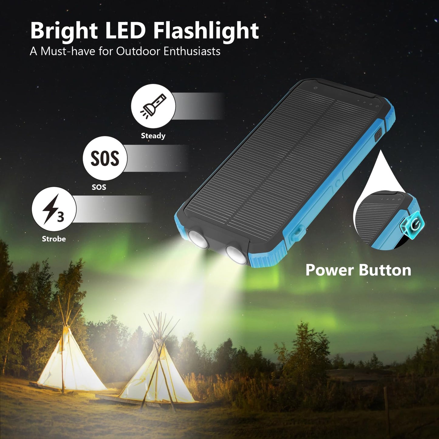 Solar Charger Power Bank 20,000mAh, Portable Wireless Charger, Fast Charging External Battery Bank with 6 Outputs for Cell Phones, Portable Solar Panel with Dual Flashlight for Camping