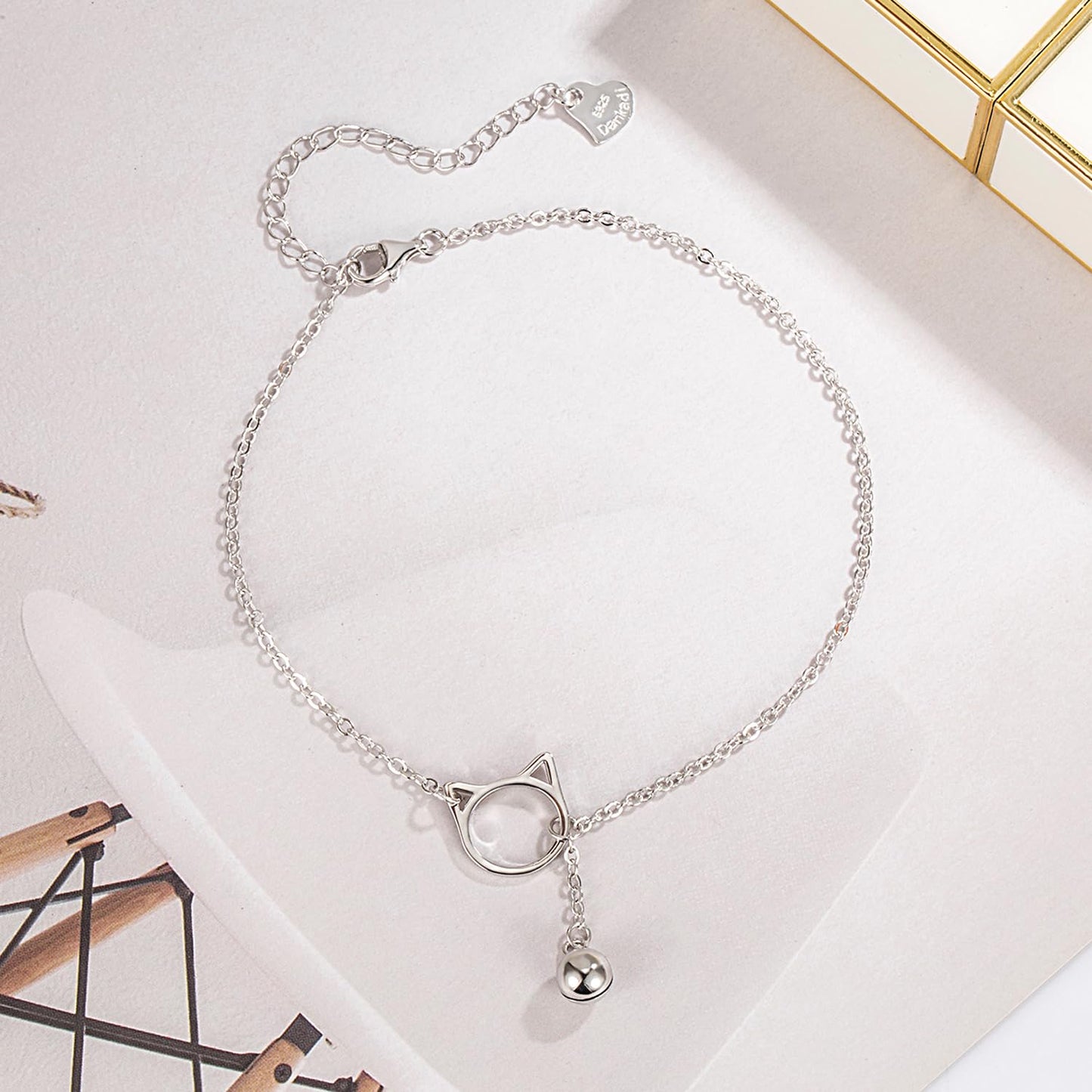 Dankadi Women 925 Sterling Silver Anklet Bracelets Cute Cat/Bell Pendant Chain Beach Anklet Bracelet Boho Adjustable Size Anklet Jewelry Gift for her