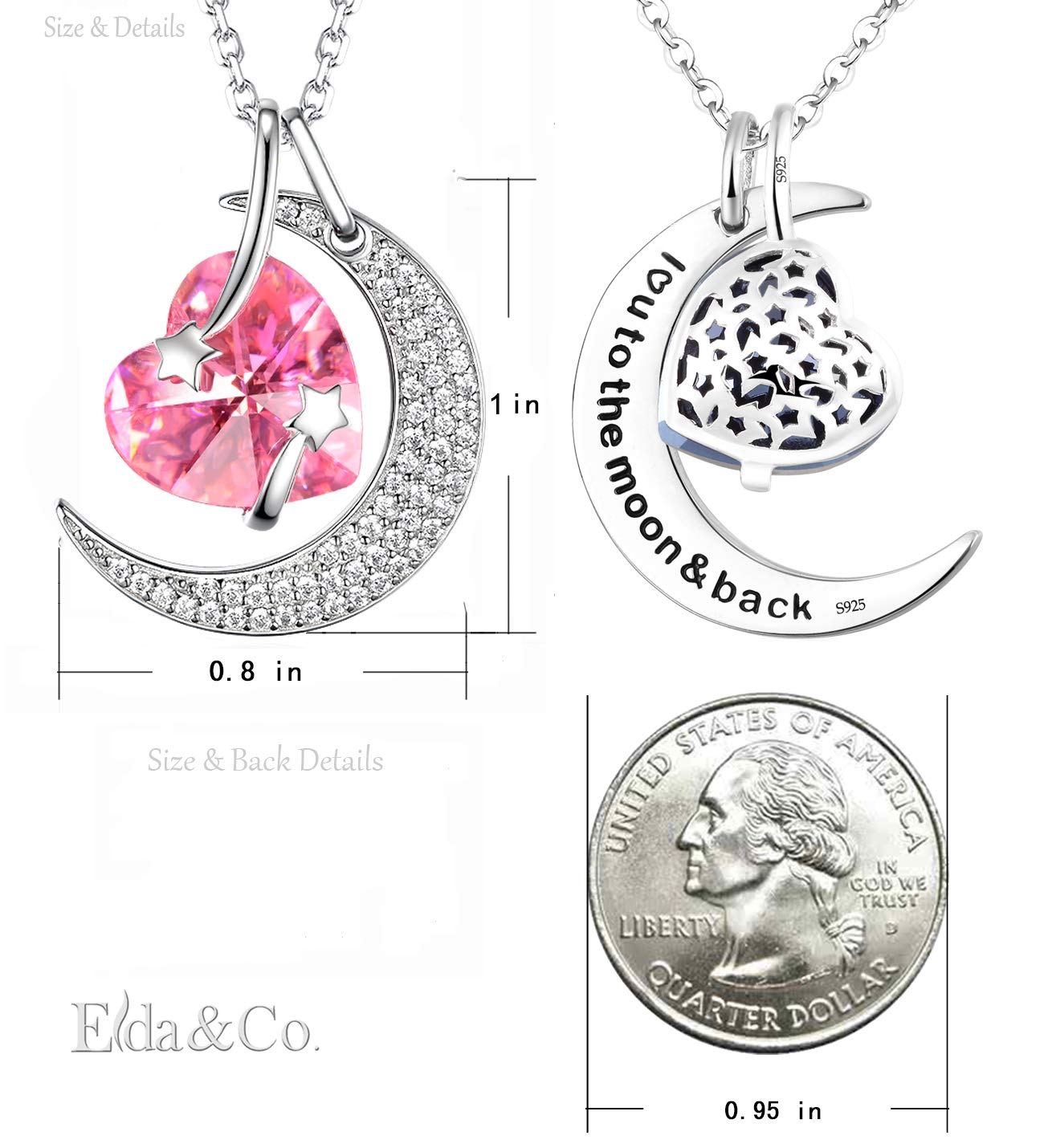 I Love You to the Moon and Back Half Moon Necklace Jewelry Birthday Gifts Mom Wife January February Birthstones Garnet Amethyst and More Stones 925 Sterling Silver