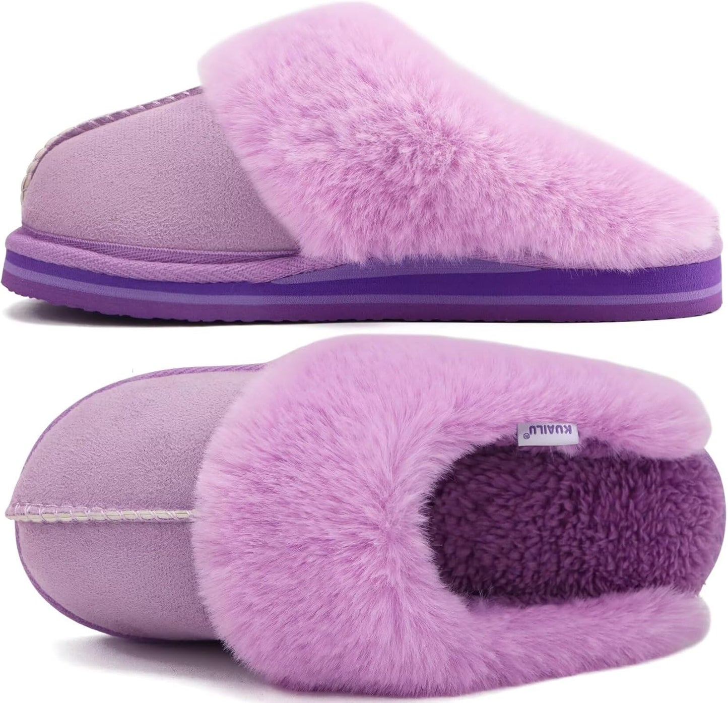 KuaiLu Womens Fluff Dual Memory Foam Slippers Ladies Cozy Arch Support Warm Scuff Slippers Slip on Comfy Winter House Shoes with Non-Slip Indoor Outdoor Hard Sole