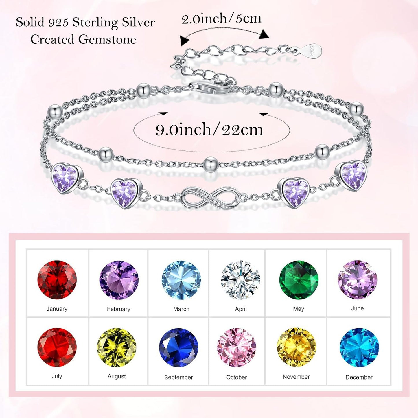 DAMOOR 925 Sterling Silver Infinity Heart Birthstone Anklet Bracelets for Women Layered Anklets Bracelets Birthday Jewelry for Her