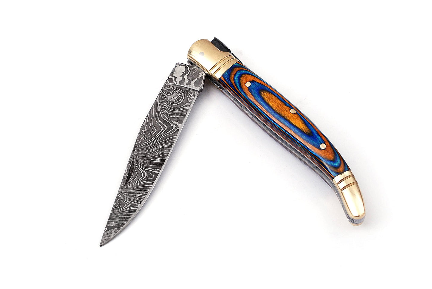 Damascus steel folding knife with leather sheath, 8.5 inches long laguiole pocket knife with 4 inches long Damascus steel Blade, 4.5 inches Blue multi colored wood scale with Brass bolster and pommel,