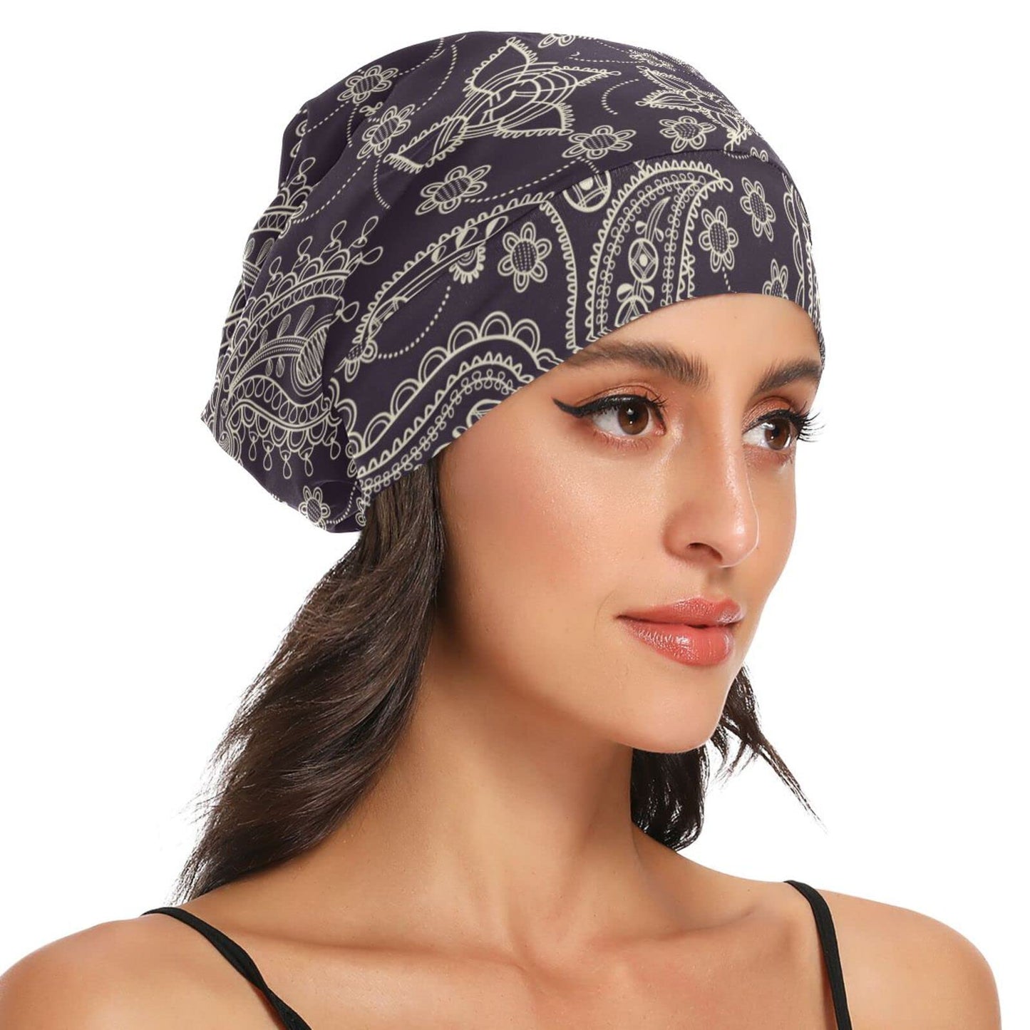 Satin Bonnet Lined Sleep Cap Hair Wrap Cover Slouchy Beanie for Curly Hair Protection for Gifts for Men Women Dark Blue Stars