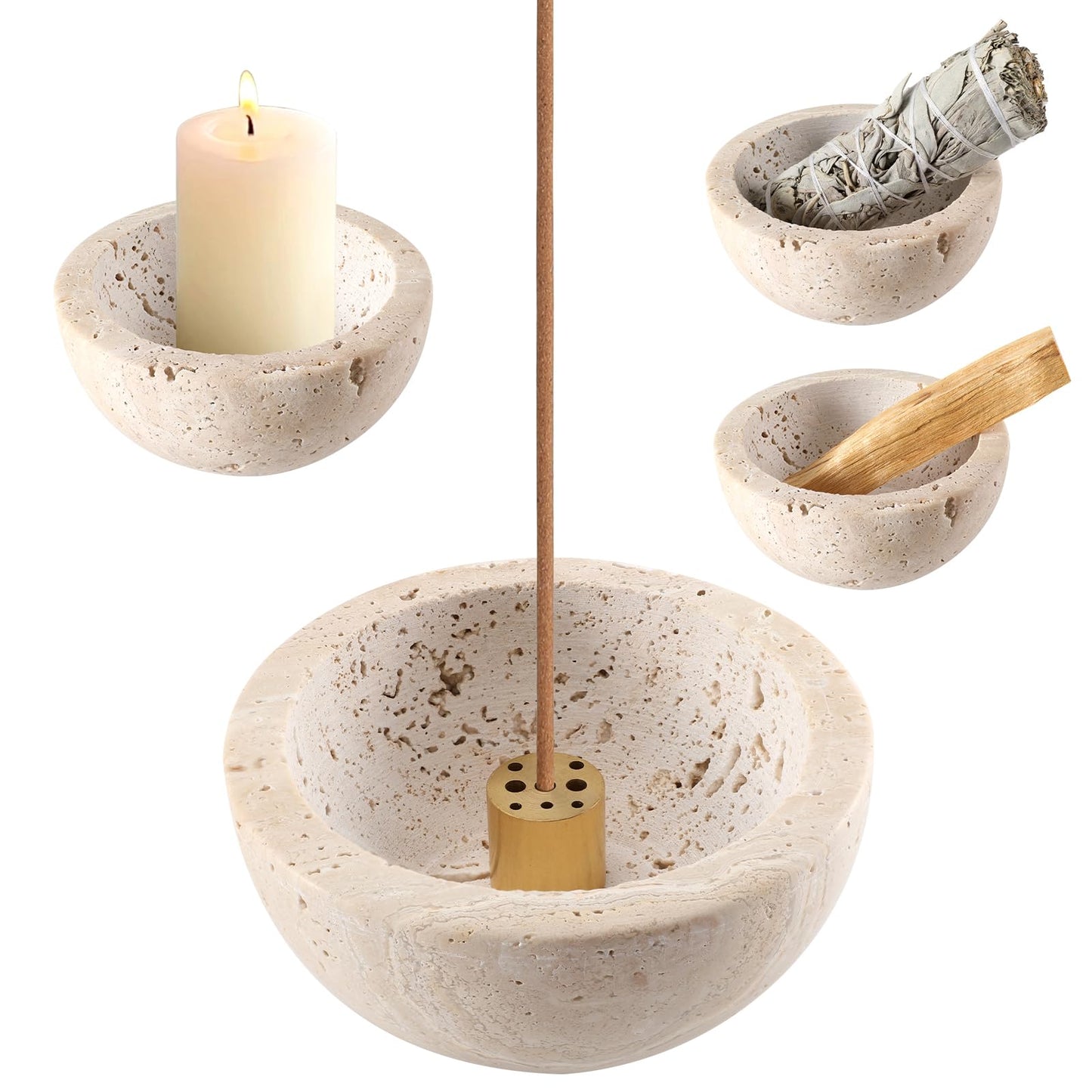 Handmade Travertine Stone Incense Resin Burner Holder – Natural Stone Incense Burner with Brass Insert for Home Decor & Relaxation