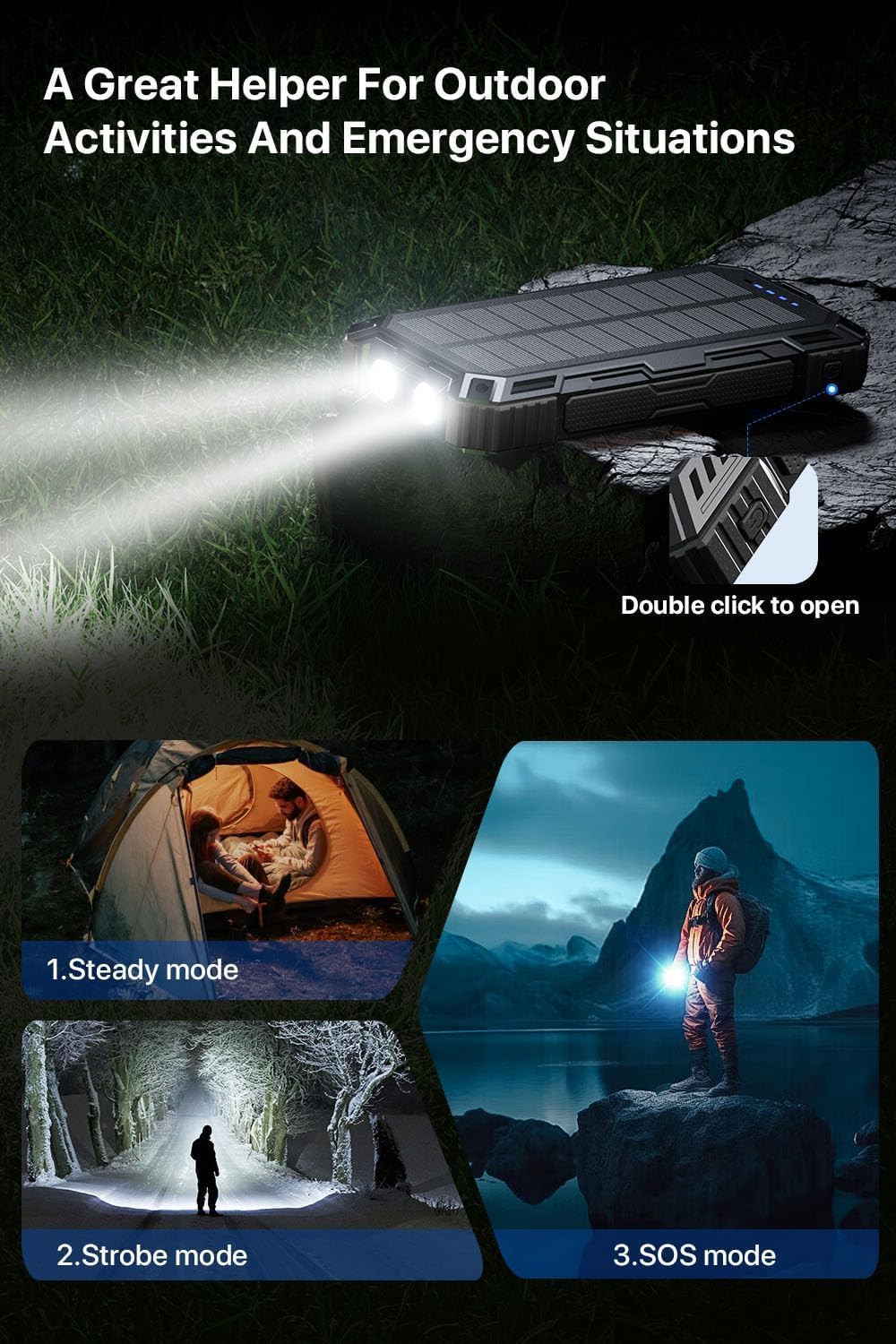 Power Bank 49800mAh Solar Portable Charger Wireless Charging USB-C 15W Fast Charging with 4 Built-in Cables LED Flashlight Battery Pack Compatible with iPhone, iPad, Galaxy, Perfect for Camping