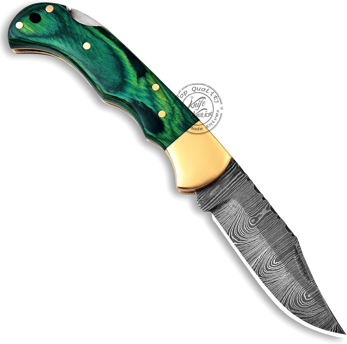 Green Wood 6.5'' 100% Handmade Damascus Steel Folding Pocket Knife, Hunting Knife, Outdoor Survival Hunting Accessories, Gifts for Men, Boyfriend, Dad, Father’s Day Gift, 100% Prime Quality