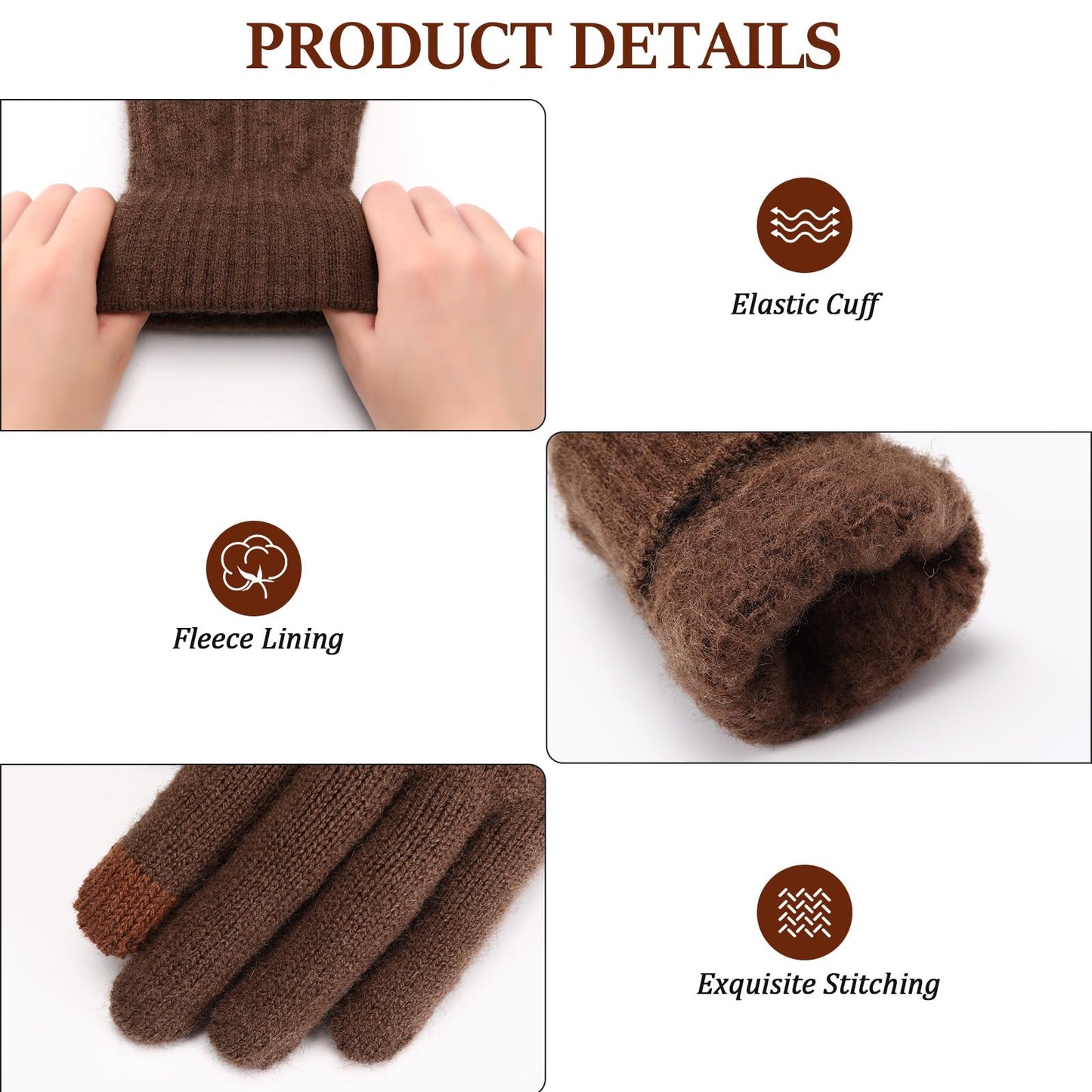Pleneal 4 Pairs Winter Gloves for Women, Touchscreen Glove Womens Warm Lining Glove, Knitted Gloves for Cold Weather